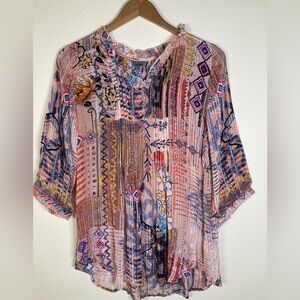 Shana Apparel Boho Patchwork Floral Blouse M Flowy Viscose Top NWT